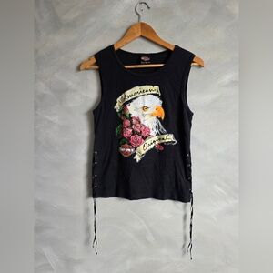 Vtg Harley-Davidson Women L Americana Eagle Roses Laced Sides Grommet Tank IL